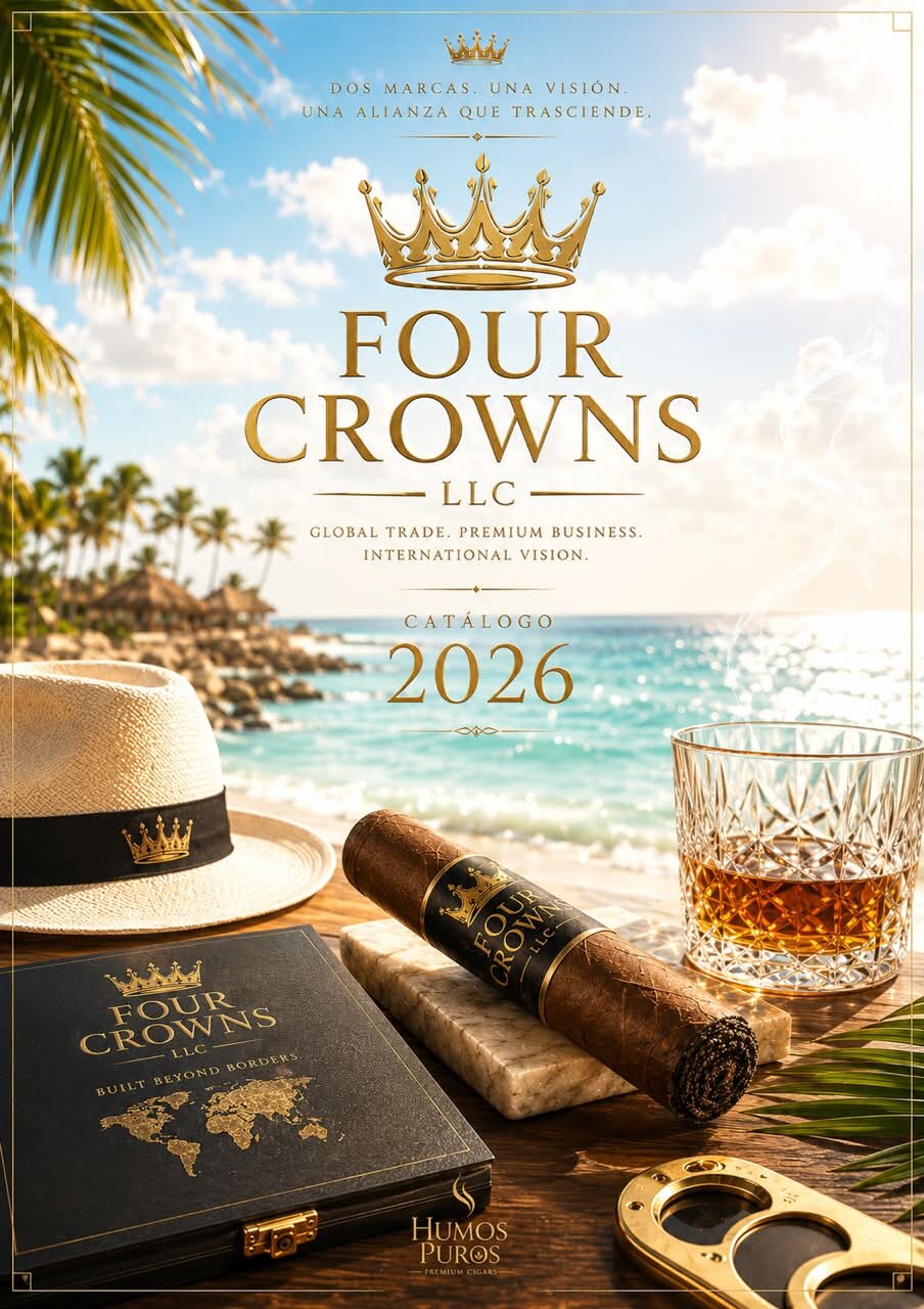 Cover of the Four Crowns catalog 2026: golden crown and lettering over a sunlit Caribbean beach, with a cigar, a panama hat and aged rum